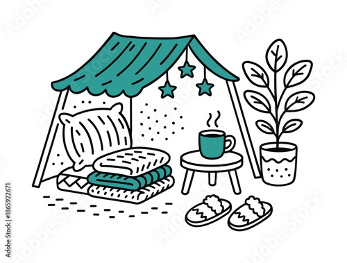 Cozy Den Setup. Cozy Dens. Hand-drawn doodle illustration Cozy Dens fabric roof (accented #), fuzzy pillow, star string (accented #), warm mug, blankets, small