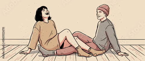 Laughing young woman and a smiling man sit together on a wooden floor, sharing a happy and intimate moment in a charming hand-drawn illustration style