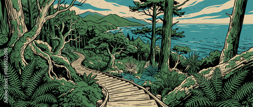 Winding wooden boardwalk path meanders through a lush coastal forest with a scenic view of the ocean and distant mountains in a retro graphic illustration style
