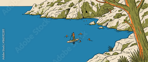 Retro comic book style illustration of people swimming and paddleboarding in a tranquil blue sea cove surrounded by rocky cliffs on a sunny summer day