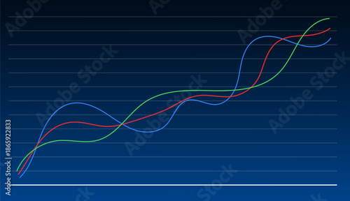 Dynamic line graph with three colorful lines on blue gradient background, illustrating data trends