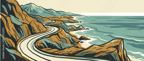 Winding coastal road illustration shows a scenic highway along a rugged cliffside with mountains and the ocean, depicted in a retro graphic novel style with halftone textures