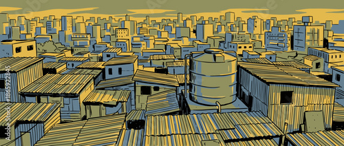 Dense urban slum with corrugated metal roofs and a large water tank is shown in a graphic comic book style illustration with a modern cityscape