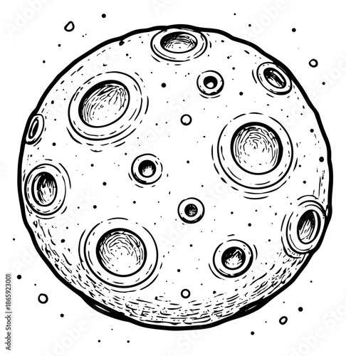 Hand drawn line art illustration of the moon depicting its craters for space exploration
