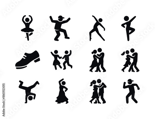 Variety of Dance Icons. Dance styles. Solid icon set of dance styles: ballet figure, hip-hop pose, contemporary pose, jazz pose, tap shoe, folk dance icon,