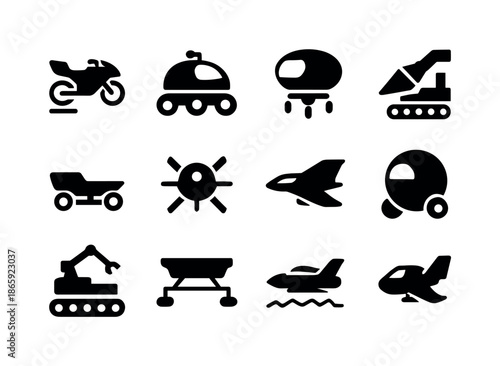 Martian Vehicle Icons. Martian vehicles. Solid icon set of Martian vehicles: hover bike, alien rover, floating pod, drilling unit, cargo skiff, scout drone,