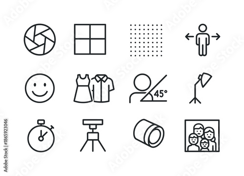 Family Portrait Icon Set. Family portrait essentials. Line icon set of Family portrait essentials: camera shutter, framing grid, soft background, posing