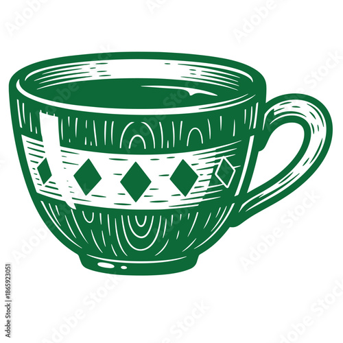 Green tea cup with white and green diamond pattern isolated on transparent background