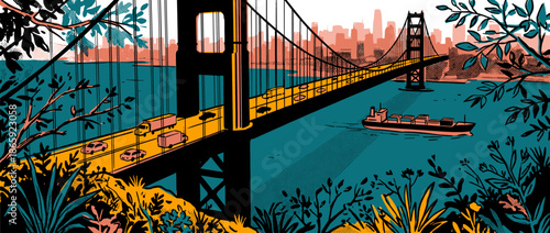 Large suspension bridge with busy traffic in a stylized comic book illustration featuring a cargo ship in the bay and a distant city skyline