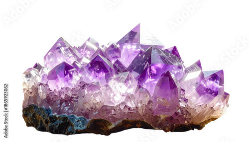 Purple crystal cluster with many points, isolated on black background