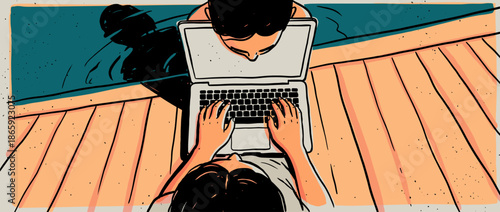 Person working on a laptop computer while sitting on a wooden deck by a swimming pool, a top-down view illustration representing a digital nomad lifestyle and remote work