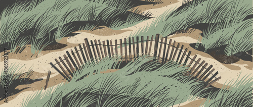 Rustic wooden slat fence curves through sandy dunes with windswept beach grass in a stylized graphic illustration with a vintage, earthy color palette