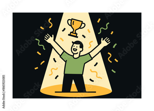 Victory Spotlight. Spotlight on winner. A triumphant figure stands under a sharp beam of light; floating confetti swirls around their raised arms. Victory