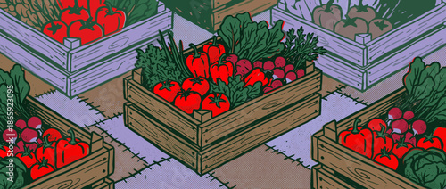 Wooden crates of fresh organic vegetables at a farmers market in a colorful retro comic book style illustration with bold outlines and halftone textures, isometric view