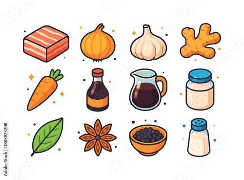 Braised Pork Ingredients Icons. Braised pork ingredients. Colorful isometric vector icons set of Braised pork ingredients: raw pork belly slab, onion, garlic