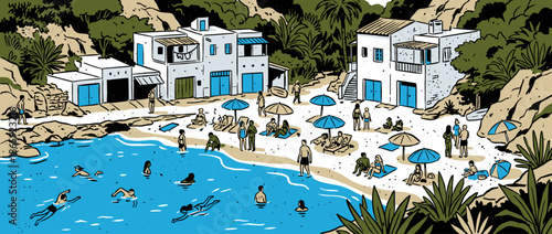 Stylized graphic illustration of a crowded beach cove with people swimming, sunbathing, and relaxing on the sand near white coastal houses and lush green cliffs