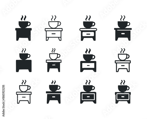 Bedside Warm Drink Icons. A warm cup of tea or milk by the bedside. Icon set. Set Logo of a warm cup of tea or milk by the bedside: warm drink aroma waves.