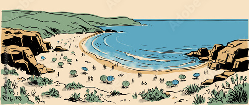 Hand-drawn beach landscape illustration showing a sandy cove with tiny people relaxing under umbrellas by the sea, depicted in a retro comic book style with halftone dots