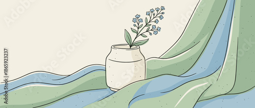 Delicate sprig of blue forget-me-not flowers in a simple ceramic vase, a minimalist hand-drawn illustration with a gentle and serene mood and flowing wavy shapes