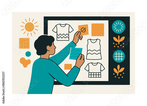 Creative Fashion Brainstorming. Studio brainstorming. The designer pins fabric swatches and quick sketches onto a mood board, color bursts and pattern icons