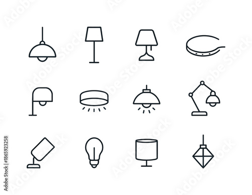 Minimalist Lighting Icons. Minimalist lighting. Line icon set of Minimalist lighting: pendant lamp, floor lamp, table lamp, LED strip, wall sconce, ceiling