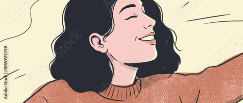 Happy young woman with dark hair and a gentle smile is depicted in a retro comic book art style with halftone dot shading and a warm, limited color palette