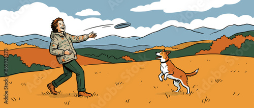 Cheerful person and their excited dog play with a frisbee in a scenic autumn landscape, depicted in a charming retro comic book illustration style with bold outlines