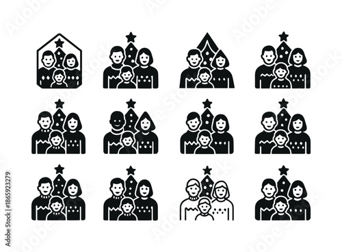 Holiday Family Logo Grid. family taking a holiday photo in front of the christmas tree. Icon set. Set Logo of family taking a holiday photo in front of the