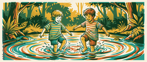 Two joyful young boys in colorful striped shirts play barefoot in a forest creek, splashing in the water in a charming retro-style illustration with a limited color palette