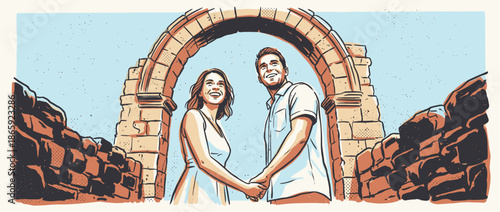 Romantic illustrated couple holding hands and smiling happily while standing together under a large ancient stone archway in a graphic novel style