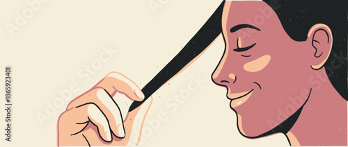 Smiling woman with closed eyes gently touches a strand of her dark, healthy hair in a serene, minimalist illustration showing self-care and contentment