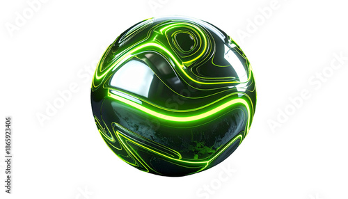 Glossy sphere with neon green waves swirling across a dark surface