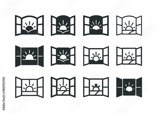 Fresh Air Logos. Opening the windows for fresh air. Icon set. Set Logo of opening the windows for fresh air: sunrise through window. harmonious logo variations