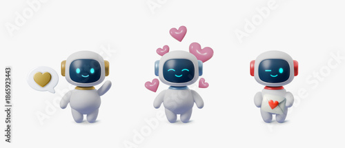 Cute 3D robot character set with heart icons and love expressions. AI chatbot mascots for Valentine's Day, technology apps, and digital assistant interfaces.