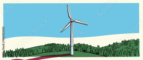 Single illustrated wind turbine standing tall on a green forested hill, representing clean renewable energy in a modern graphic style with bold outlines and simple colors
