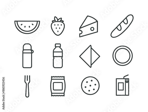 Park Picnic Icons. June picnic in the park. Line icon set of June picnic in the park: watermelon slice, strawberry icon, cheese wedge, baguette, thermos