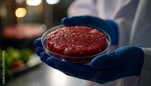 Cultured meat sample in laboratory petri dish for future food technology
