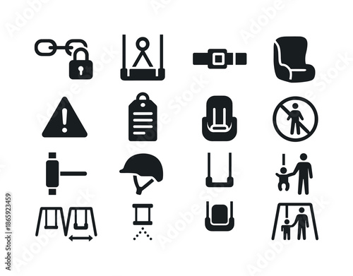 Swing Safety Icons. Swing safety. Solid icon set of swing safety: chain lock, secure anchor, seat belt icon, safety warning, swing inspection tag, child safe