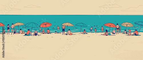 Large group of illustrated people relaxing on a sunny beach with colorful umbrellas, swimming in the turquoise ocean during a summer vacation holiday in a retro minimalist style