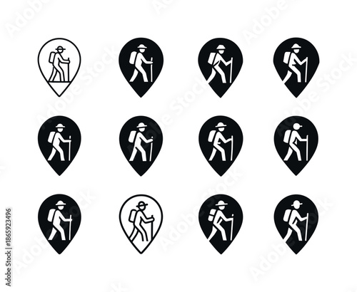 Senior Adventure Logos. Adventure tours for senior travelers. Icon set. Set Logo of adventure tours for senior travelers: map location pin. harmonious logo