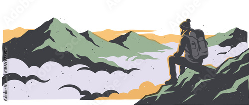 Lone hiker with a backpack sits on a mountain peak, gazing at a serene landscape of misty clouds and distant summits in a minimalist graphic illustration style