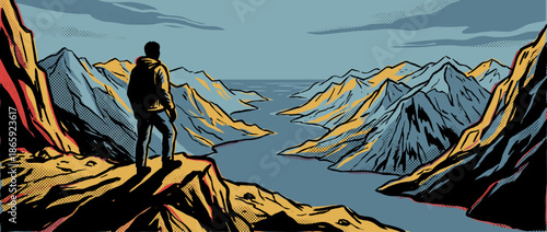 Bold vector illustration of a solitary adventurer on a rocky summit, gazing at a panoramic view of majestic mountains and a serene fjord in a retro comic book art style