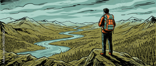 Male hiker with a large orange backpack stands on a cliff edge, looking at a mountain valley with a winding river in a retro comic book illustration style