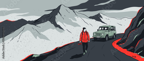 Person in a bright red jacket walks along a winding mountain road holding a camera, with an off-road vehicle parked among snowy peaks in a dramatic graphic illustration