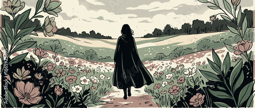 Mysterious cloaked figure seen from behind walks along a path through a field of wildflowers in a hand-drawn comic book style illustration with a pensive, adventurous mood