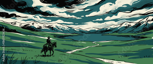 Graphic illustration of a lone cowboy riding a horse through a vast green valley towards a lake and snowy mountains under a dramatic cloudy sky