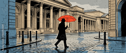 Silhouetted man in a coat holding a vibrant red umbrella walks on a wet cobblestone street in a moody, cinematic graphic novel illustration