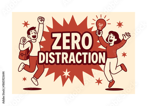 Bold Attention Banner. Zero distraction banner, flat vector illustration, bold oversized text inside splash explosion banner, cartoon characters jumping and