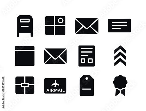 Postal Packaging Icons. Postal packaging. Solid icon set of postal packaging: post box, stamped parcel, sealed letter, flat mailer, thick envelope, customs