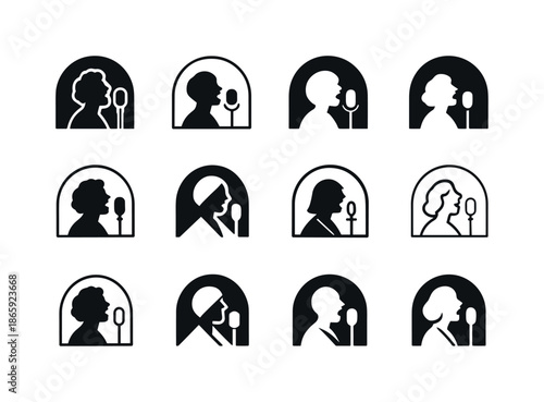Jazz and Blues Icons. Jazz and blues vocal styles. Icon set. Set Logo of jazz and blues vocal styles: stage spotlight arc. harmonious logo variations of the